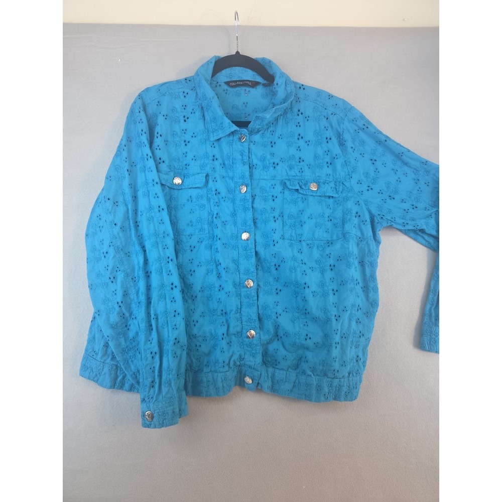 Colleen Lopez Blue Lightweight Button Up Jacket Plus Size 2X 100% Cotton Eyelet‎